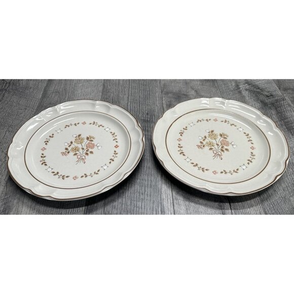 VTG Cordella Stoneware Burnet Dinner Plates 10.5" Cream Brown‎ Floral Set of 2 - Picture 1 of 11